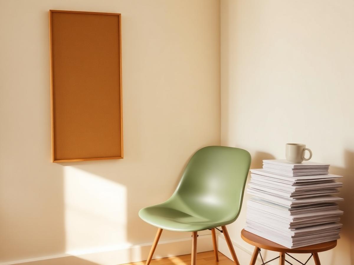 Quiet studio corner with a sage green chair, stacked paper prototypes and a ceramic mug
