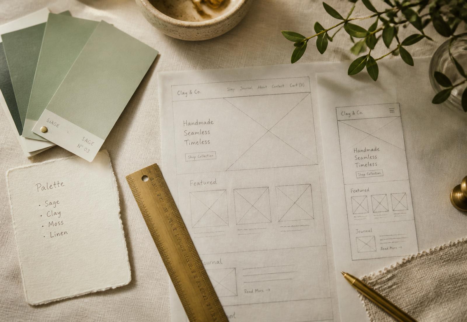 Sage colour swatches, hand-drawn interface wireframes and a brass ruler on cream linen