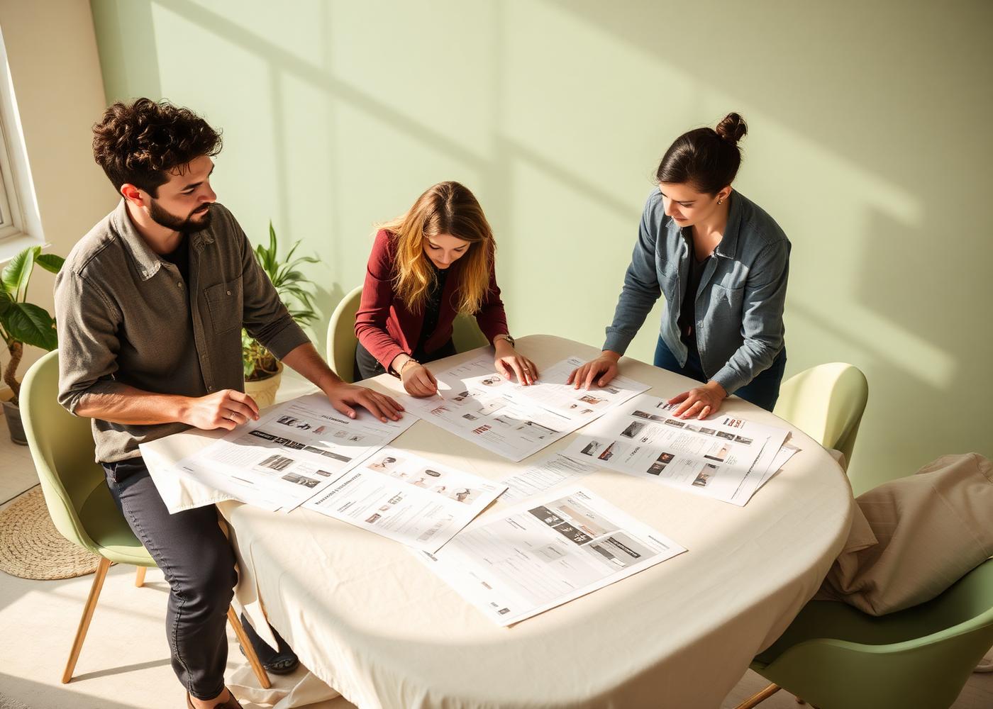 Three designers reviewing printed interface storyboards around a linen-covered table