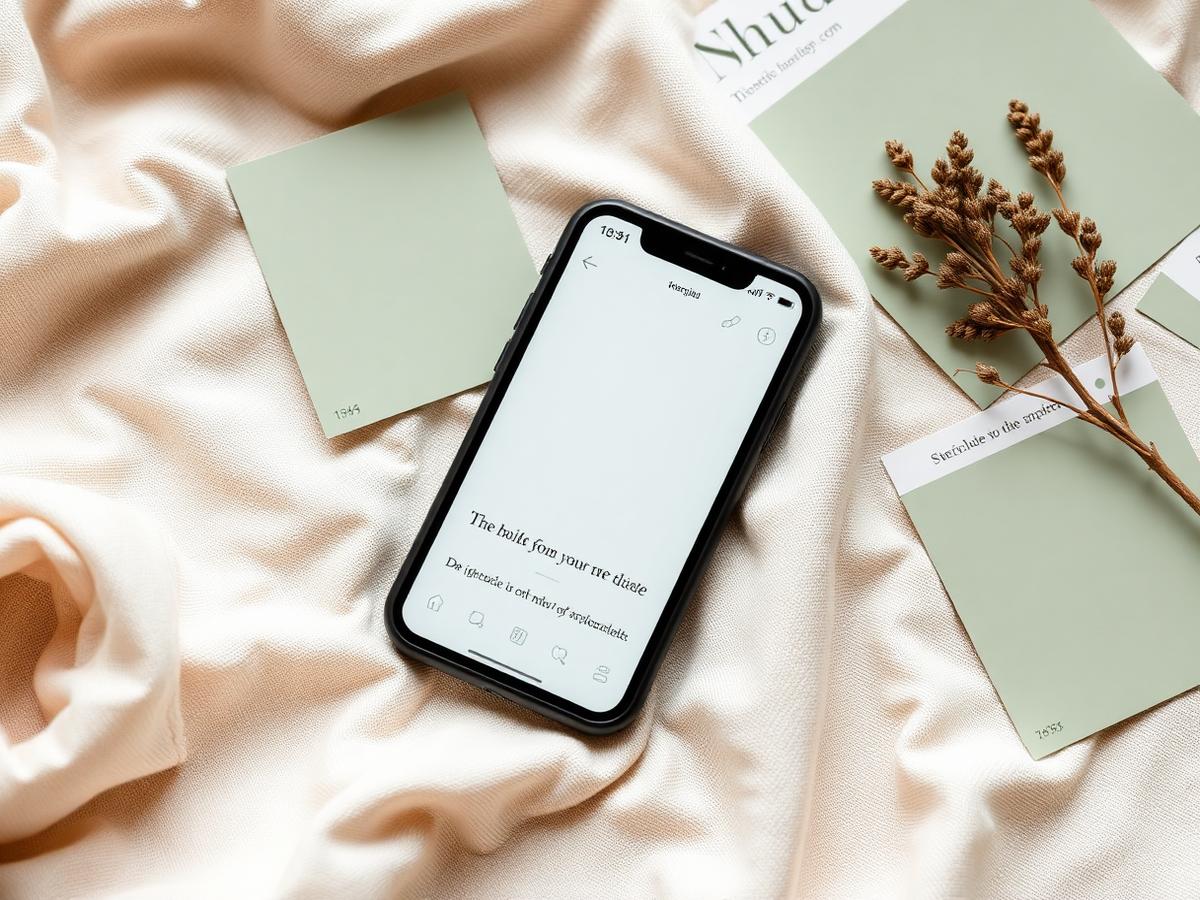 Mobile app interface on a phone resting on cream linen beside sage swatches