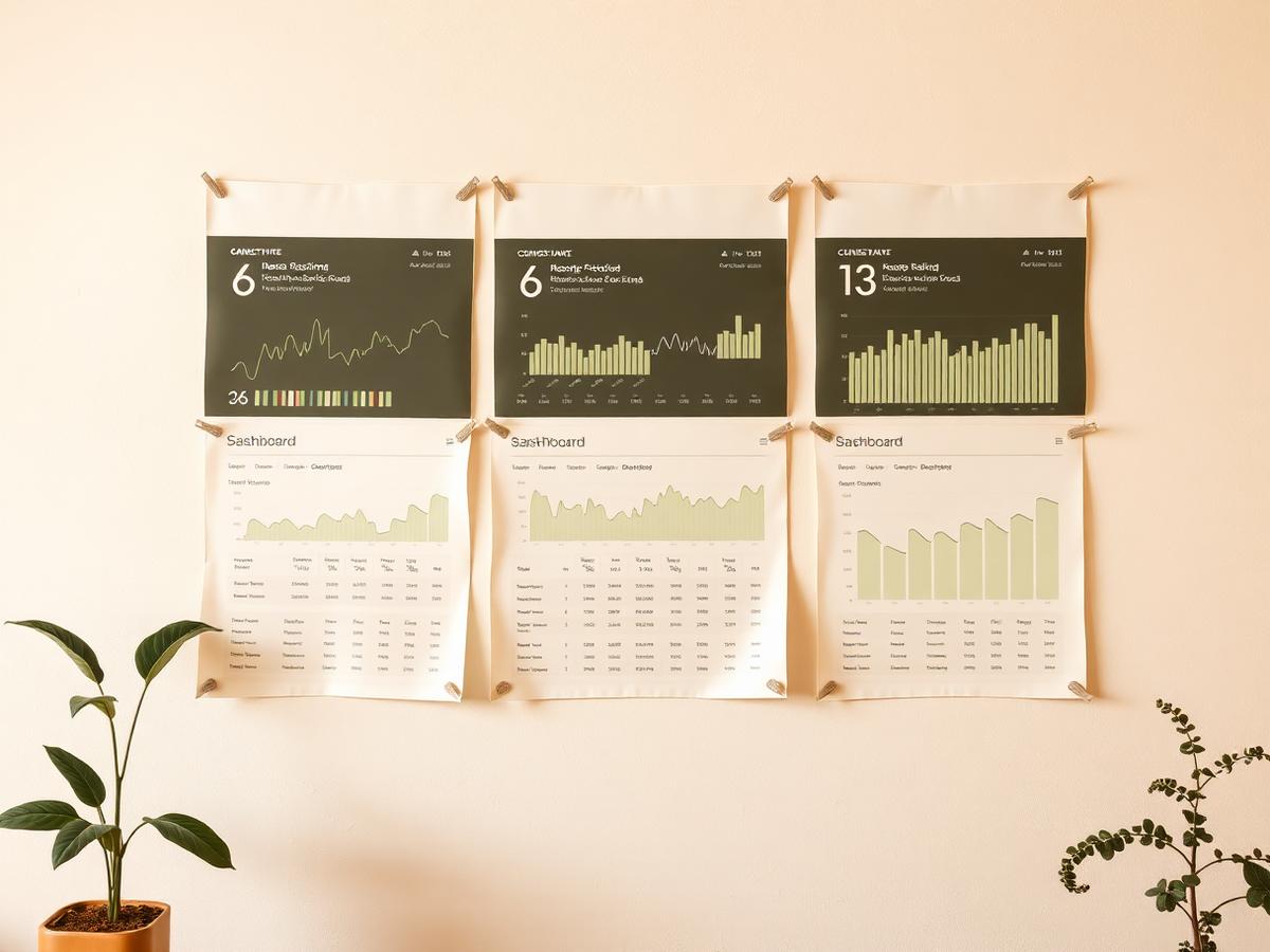 Printed SaaS dashboard layouts pinned to a cream studio wall